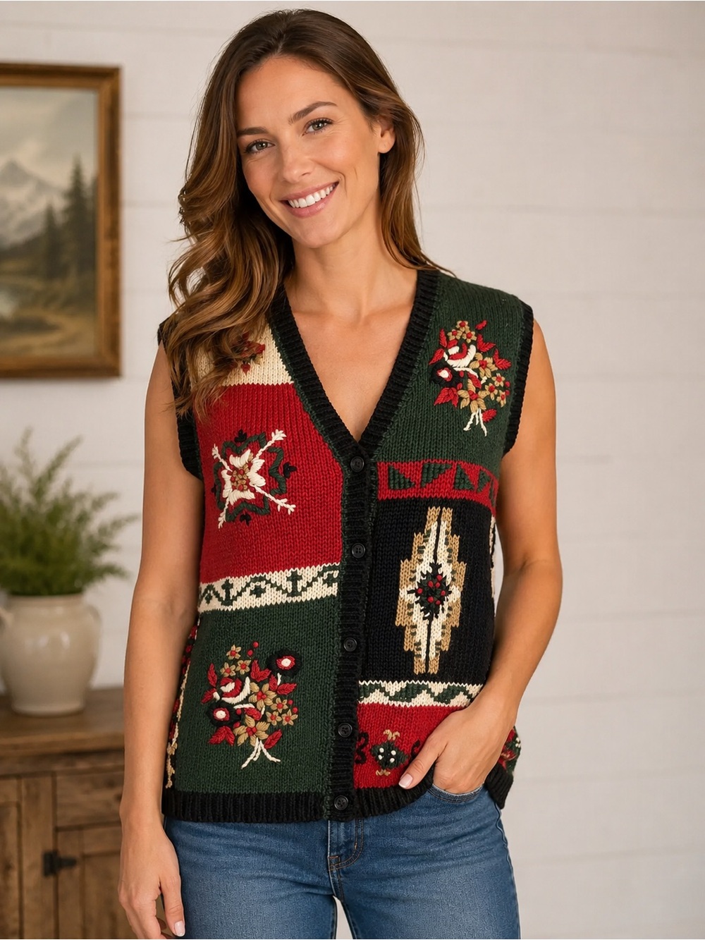 Ugly Christmas Sweater Vest Women’s Sz L Mountain Lake Festively Unique